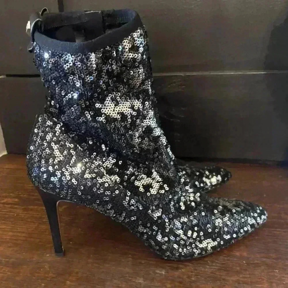Sam Edelman Black Olson Galaxy Sequin Stiletto Sock Bootie Size 9.5 Sparkle - Picture 4 of 9